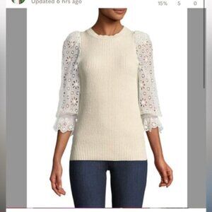 LIKE NEW- Rebecca Taylor Women's Eyelet Sleeve Sweater Ivory/White Size M